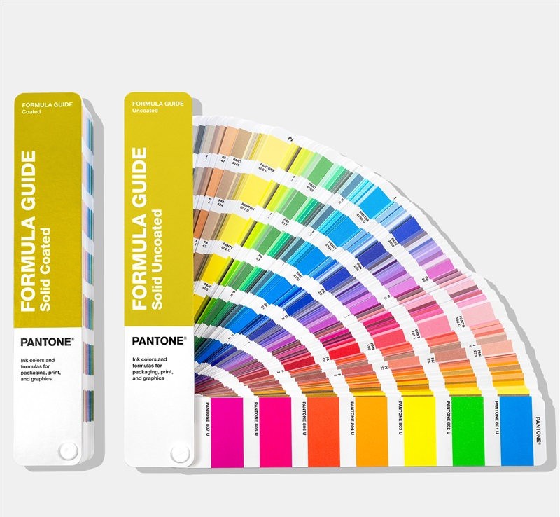 A fan deck of coated and uncoated colour reference swatches, each tab printed with its code