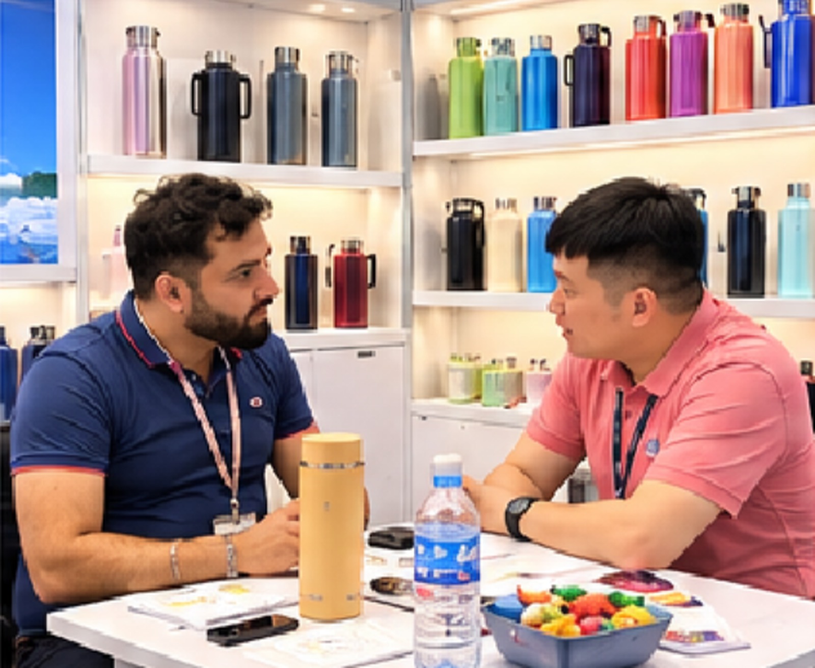 Two visitors talking across a table at the Everchill stand