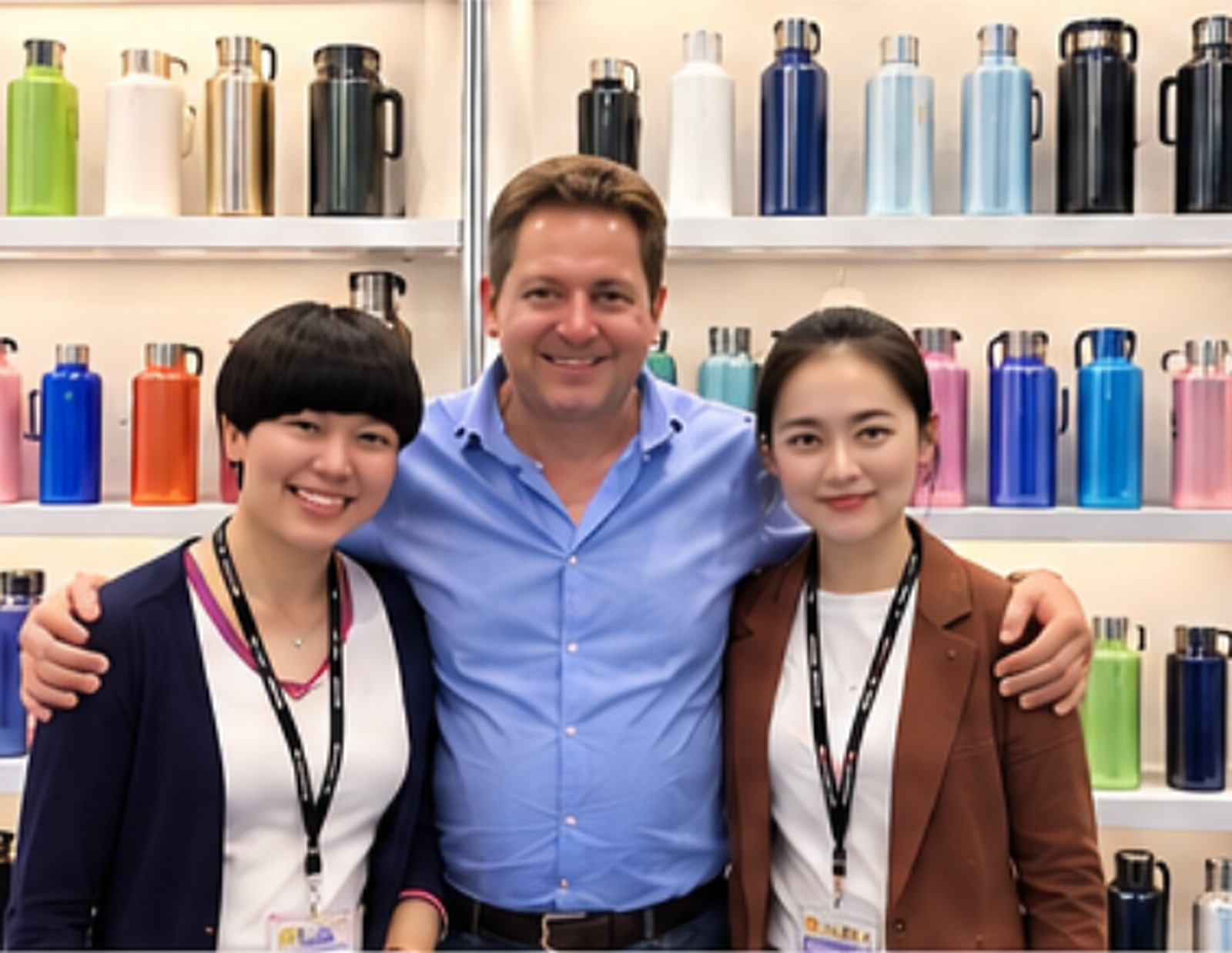 Three visitors smiling for the camera in front of the bottle display