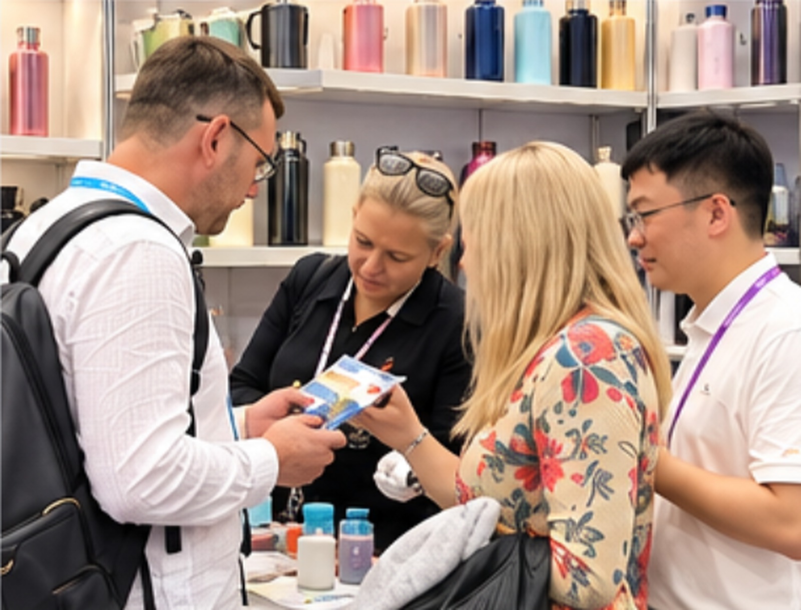 A group reading printed material together at the stand