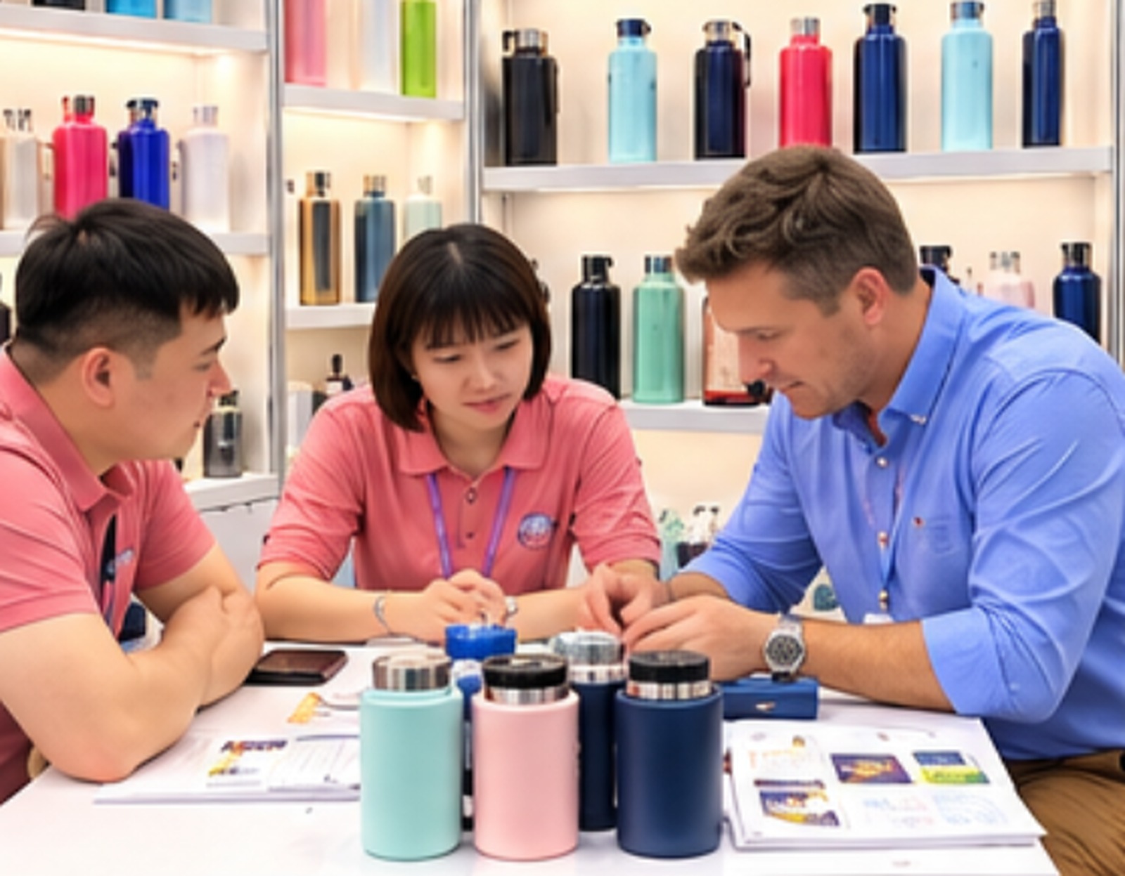Two visitors at the stand with a representative in a blue shirt