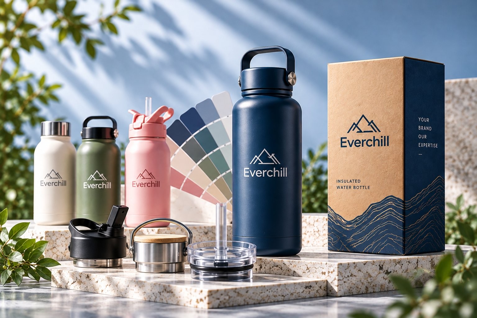 Colour-matched insulated bottles in cream, sage and pink beside a colour swatch fan, a navy bottle and a printed gift box, with interchangeable lids and canisters in front